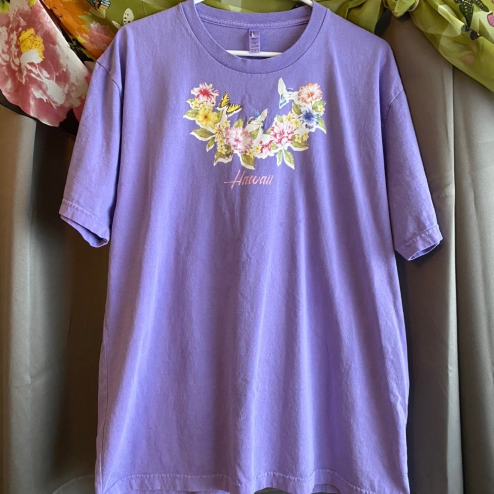 purple floral hawaii shirt with butterflies